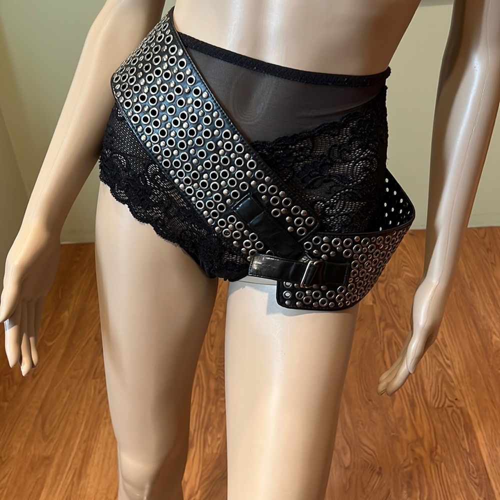 Black Leather Belt With Silver Metal Grommets And Studs Says 34"